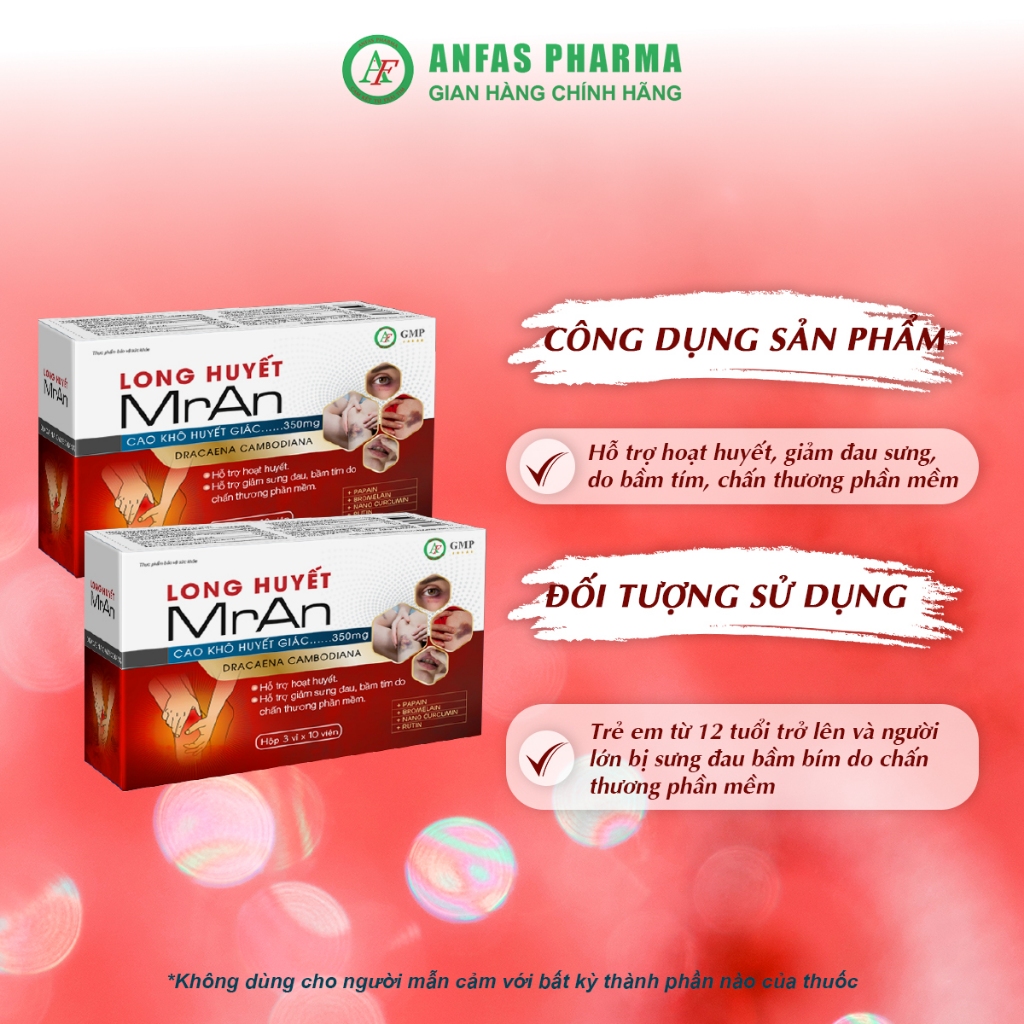Long Huyết MrAn 30 Viên, Hỗ Trợ Hoạt Huyết, Giảm Sưng Đau, Bầm Tím Do Chấn Thương Phần Mềm - Anfas
