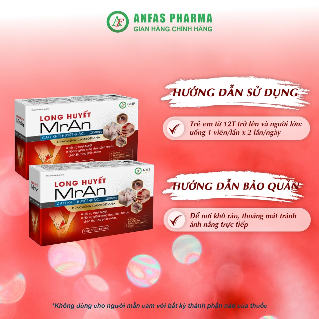 Long Huyết MrAn 30 Viên, Hỗ Trợ Hoạt Huyết, Giảm Sưng Đau, Bầm Tím Do Chấn Thương Phần Mềm - Anfas