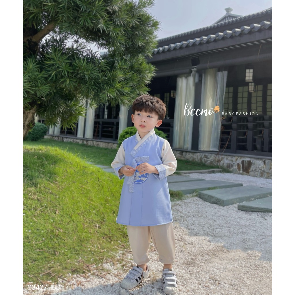 Set bộ áo dài Beemo Hanbok thêu rồng vải dạ text cùng quần lụa may ly gấu mặc sự kiện, tết 23427HBD