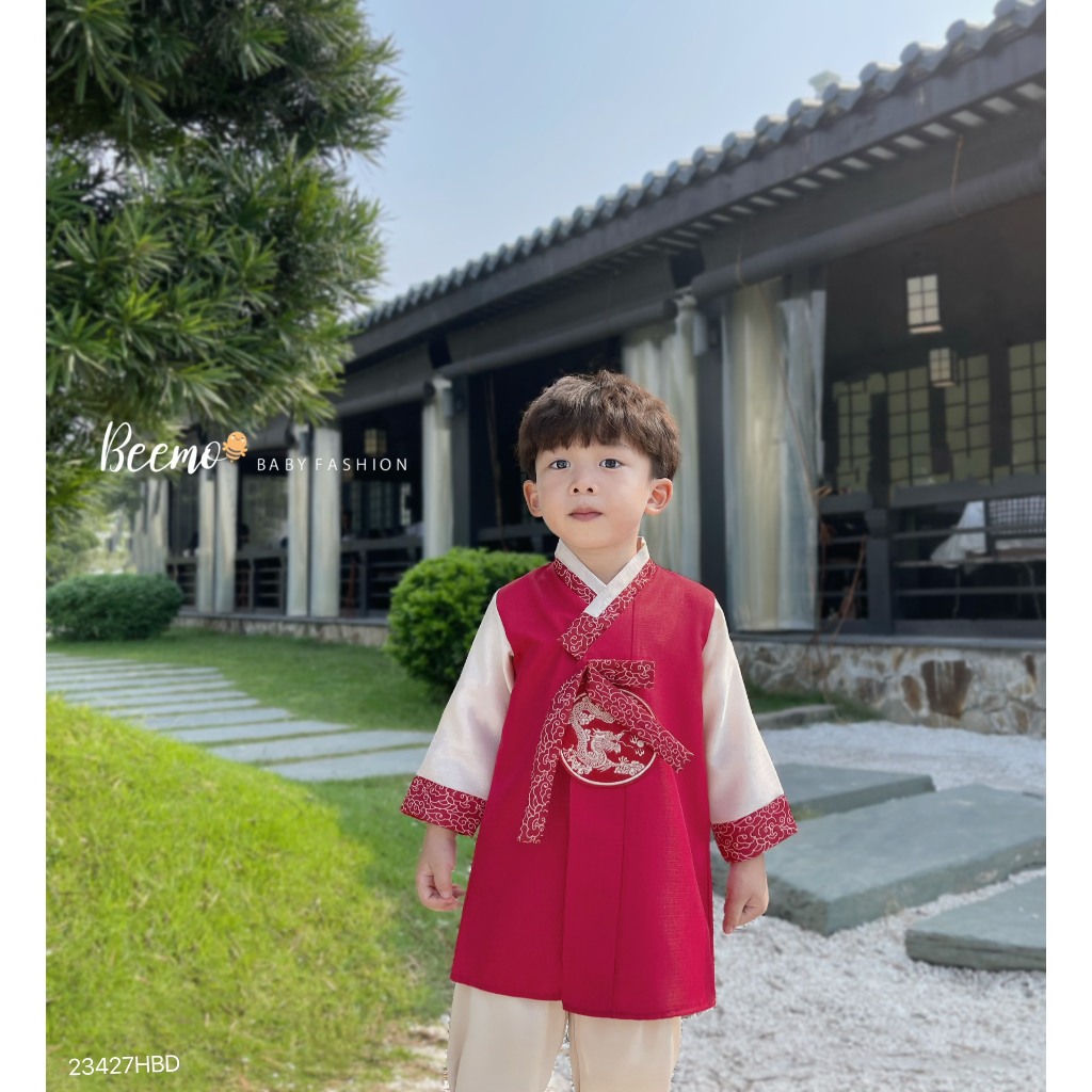 Set bộ áo dài Beemo Hanbok thêu rồng vải dạ text cùng quần lụa may ly gấu mặc sự kiện, tết 23427HBD