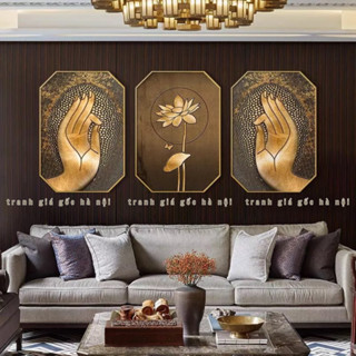 Bộ tranh hoa sen bàn tay Phật treo phòng thờ, phòng thiền, yoga hình bát giác chất Vải Canvas hoặc gương