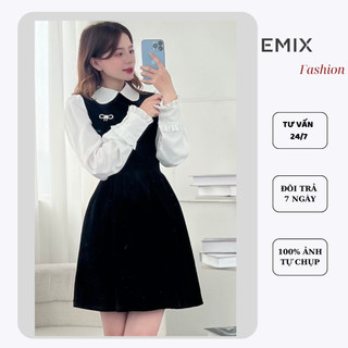 ( ảnh thật ) Váy nhung ĐEN hàng thiết kế cổ sen kèm tang nơ đá EMIX Vaynhung179/P0K16