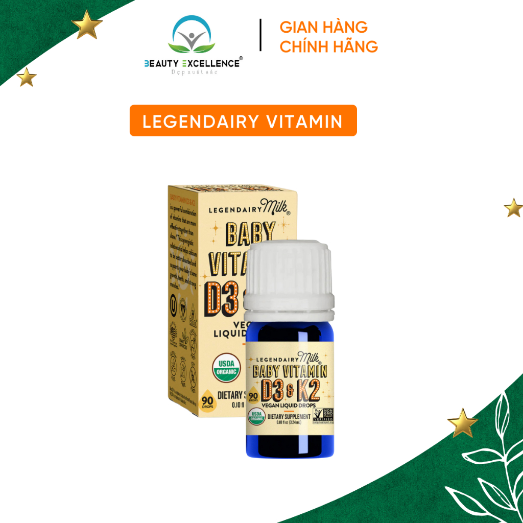 Legendairy Vitamin D3 &amp; K2 Dạng Lỏng Hỗ Trợ Xương Chắc Khoẻ Bổ Sung Vitamin D Hữu Cơ Cho Trẻ Sơ Sinh 90 Giọt