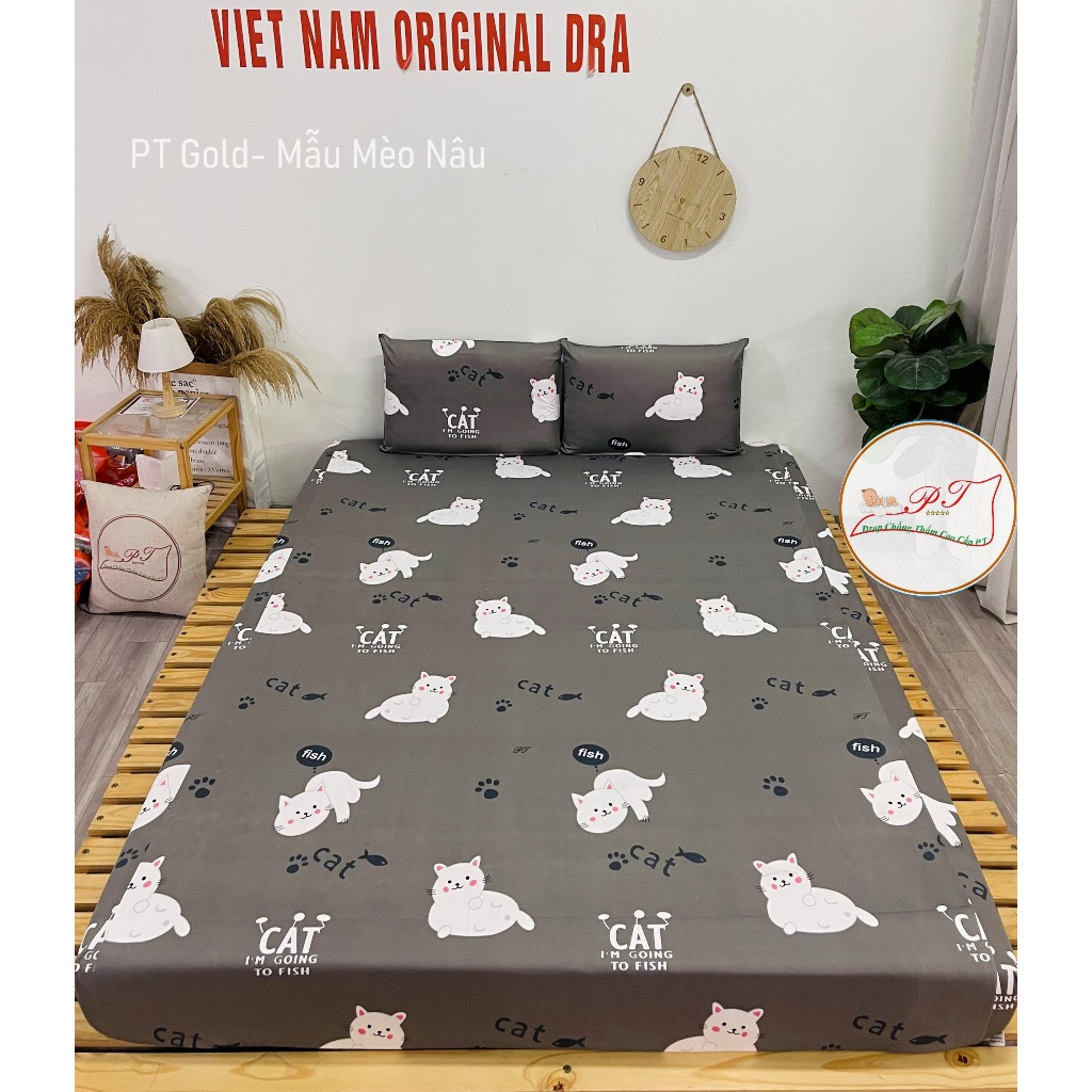 Ga Chống Thấm Cao Cấp PT Thun Cotton Mềm Thoáng Mát Mẫu Mèo Nâu