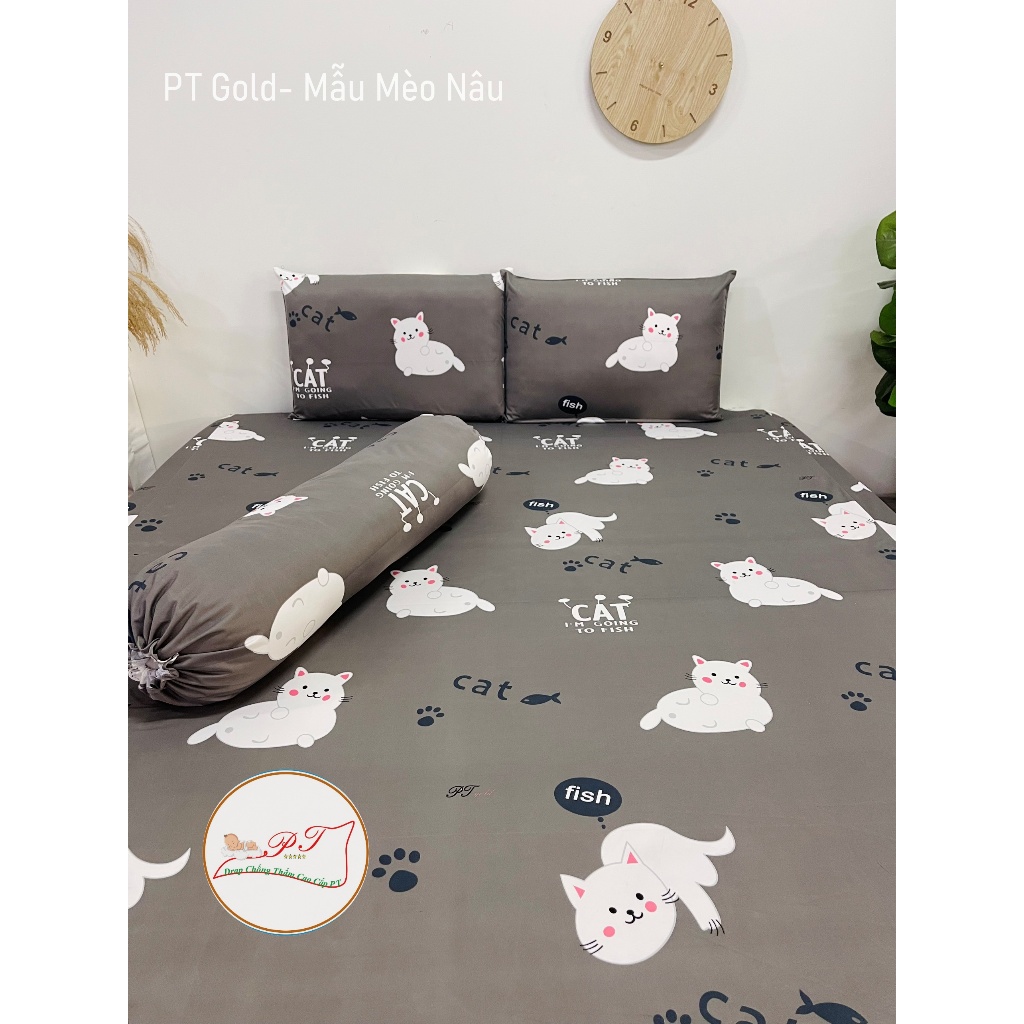 Ga Chống Thấm Cao Cấp PT Thun Cotton Mềm Thoáng Mát Mẫu Mèo Nâu