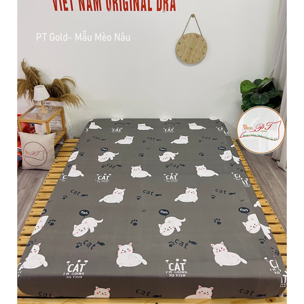 Ga Chống Thấm Cao Cấp PT Thun Cotton Mềm Thoáng Mát Mẫu Mèo Nâu