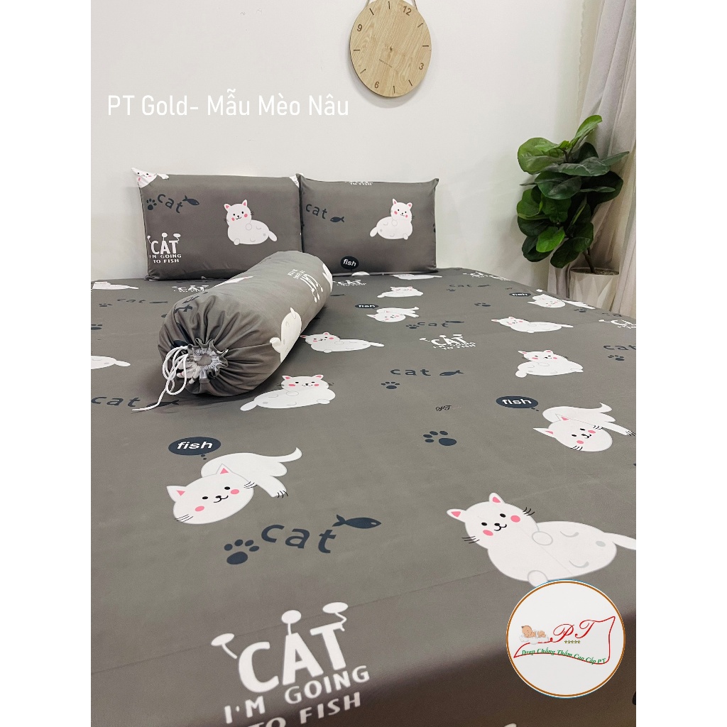 Ga Chống Thấm Cao Cấp PT Thun Cotton Mềm Thoáng Mát Mẫu Mèo Nâu