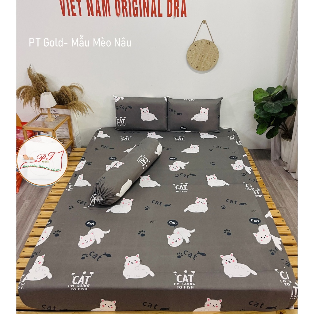 Ga Chống Thấm Cao Cấp PT Thun Cotton Mềm Thoáng Mát Mẫu Mèo Nâu