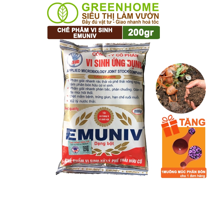 Chế Phẩm Vi Sinh EM Greenhome, Emuniv, Gói 200gr, Dùng Ủ Phân Bón Hữu Cơ, Xử Lý Rác Thải Gia Đình, Phân Huỷ Nhanh