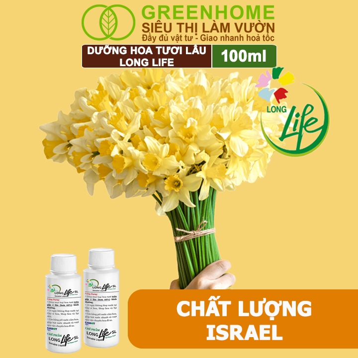 Dưỡng Hoa Tươi Lâu Greenhome, Long Life, Chai 100ml, Hoa Lâu Tàn, Nở Bông To, Không Bị Hôi Nước, 1 Chai Pha 10lít Nước