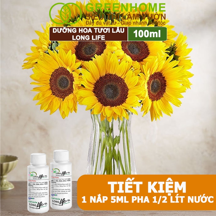 Dưỡng Hoa Tươi Lâu Greenhome, Long Life, Chai 100ml, Hoa Lâu Tàn, Nở Bông To, Không Bị Hôi Nước, 1 Chai Pha 10lít Nước