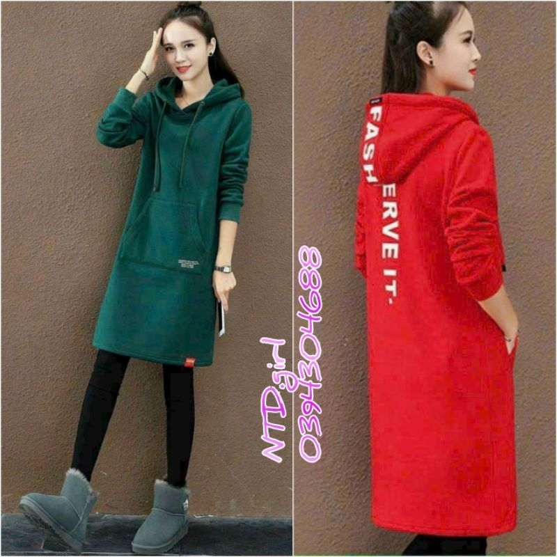 Đầm dáng suông tay dài có mũ rút dây, váy xuông thun có túi kiểu hoodie - DTH