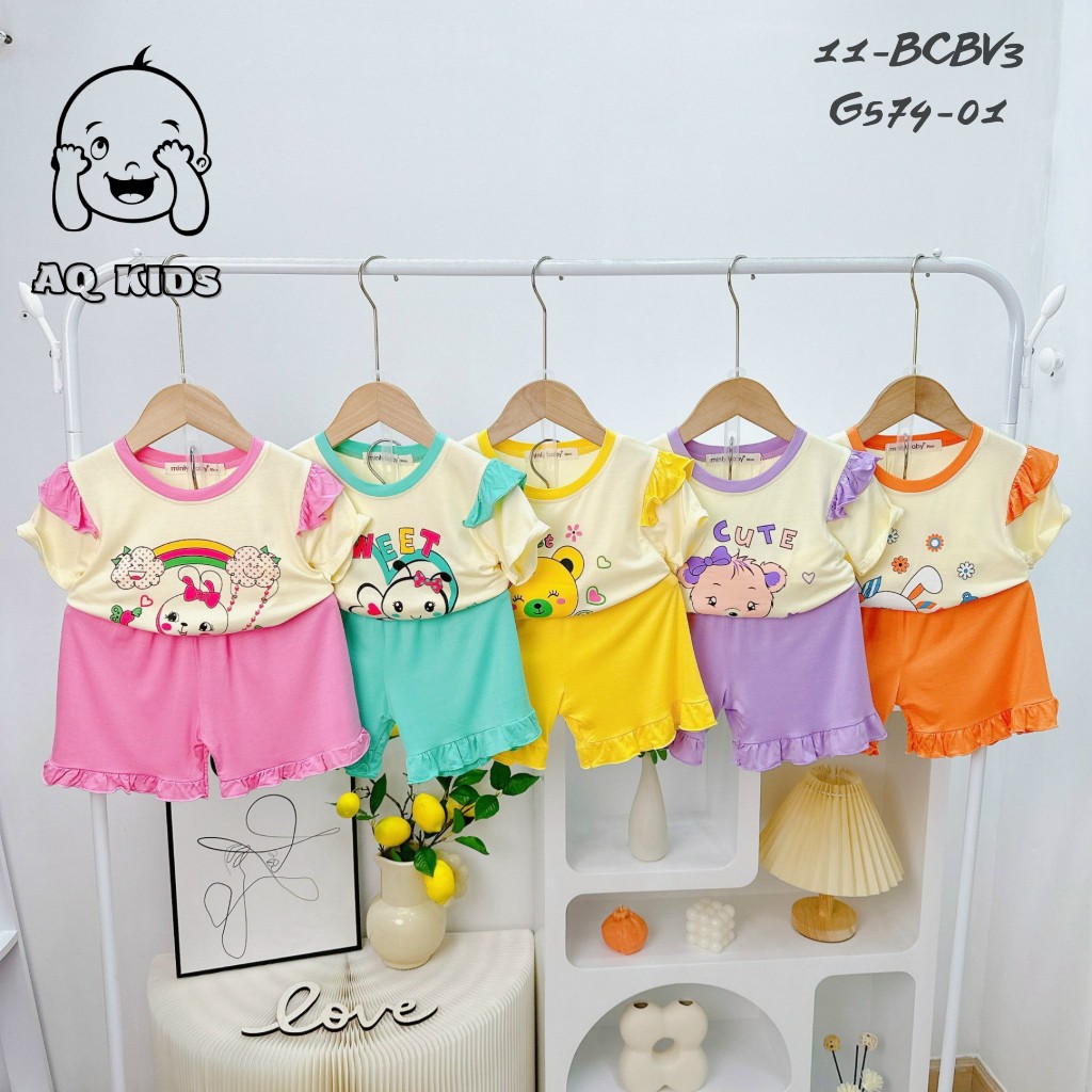 Bộ Quần Áo Cộc Tay Bé Gái Vải Thun Lạnh Minly Baby Thiết Kế Phối Bèo Tay Điệu Đà Unibaby BCBG12 BCBV3