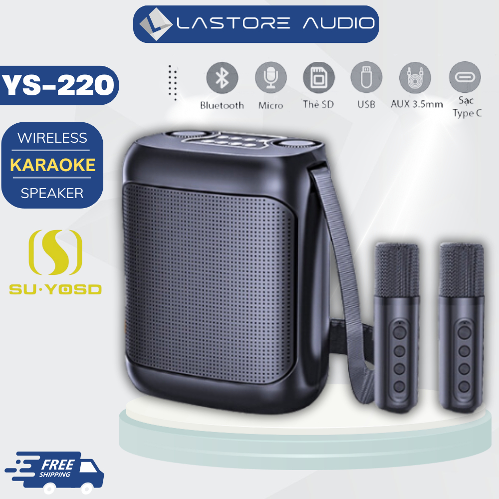 Loa Bluetooth YS-220 Cao Cấp Kèm 2 Mic Không Dây / Loa Hát Mini Có Dây Đeo, Nghe Nhạc, Hát Hò, Loa Trợ Giảng