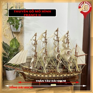 [Dài 80cm - Xuất Khẩu] Mô hình thuyền gỗ thuyền trang trí tàu chiến cổ France II - Gỗ đỏ - Thân tàu dài 60cm