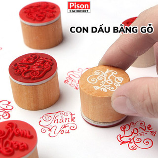 Con dấu gỗ hình Tròn Pison nhiều mẫu, mộc gỗ dùng trang trí - không kèm khay mực - 1 cái