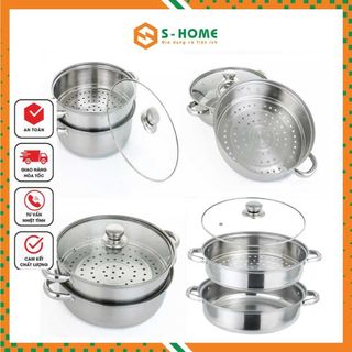 Nồi hấp 2 tầng - xửng hấp 2 tầng - nồi lẩu đa năng có 2 tầng inox có nắp kính, dùng được mọi loại bếp size 28cm