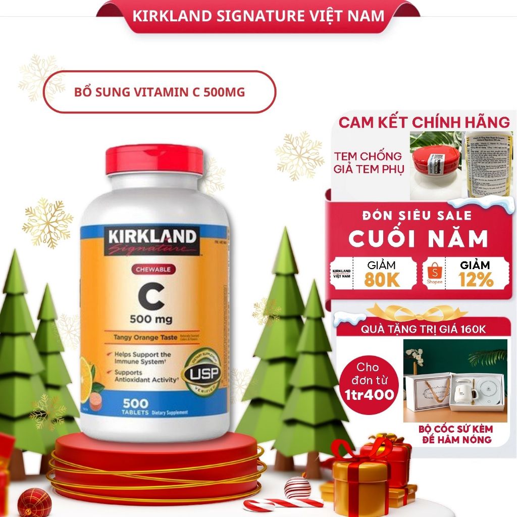 Viên nhai bổ sung vitamin C Kirkland Signature Vitamin C 500mg giúp sáng da,tăng sức đề kháng của 500 viên của Mỹ