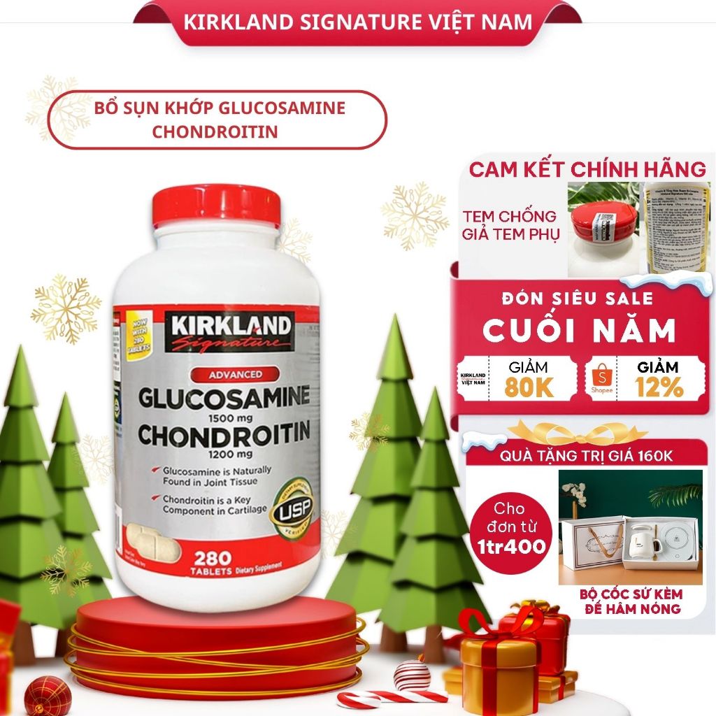 Viên uống Glucosamine 1500mg & Chondroitin 1200mg Kirkland Signature Mỹ 280 viên hỗ trợ các vấn đề về xương, khớp, cơ