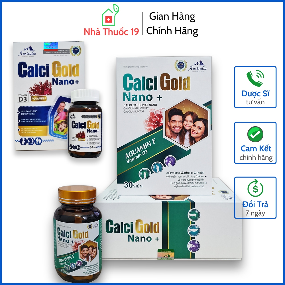 Calci Gold Nano+ Viên canxi, vitamin D3 giảm nguy cơ còi xương ở trẻ, loãng xương, thiếu hụt calci ở mẹ bầu  (Hộp 30v)