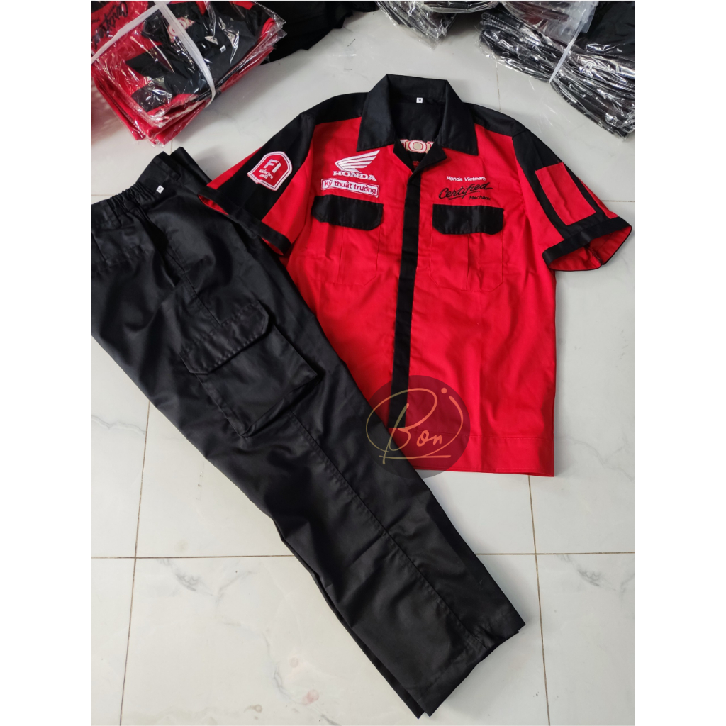 Đồng phục Honda kỹ thuật trưởng Đỏ đen vải kaki 65/35 mẫu mới HCM, Quần áo Honda sửa xe - BONSHOP94