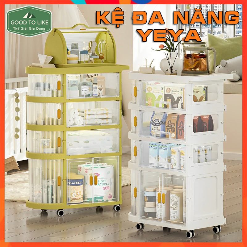 Kệ Để Đồ Sơ Sinh 4 Tầng YEYA Có Ngăn Kéo Trong Suốt,Bánh Xe Đẩy Tiện Lợi,Kệ Để Đồ Đa Năng Gấp Gọn Phong Cách Châu Âu