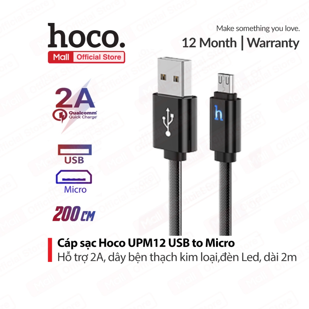 Dây sạc nhanh 2A Hoco UPM12 Usb to Micro hỗ trợ truyền dữ liệu ,dây bện thạch kim loại, đèn Led thông minh, dài 2m