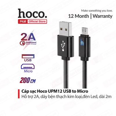 Dây sạc nhanh 2A Hoco UPM12 Usb to Micro hỗ trợ truyền dữ liệu ,dây bện thạch kim loại, đèn Led thông minh, dài 2m