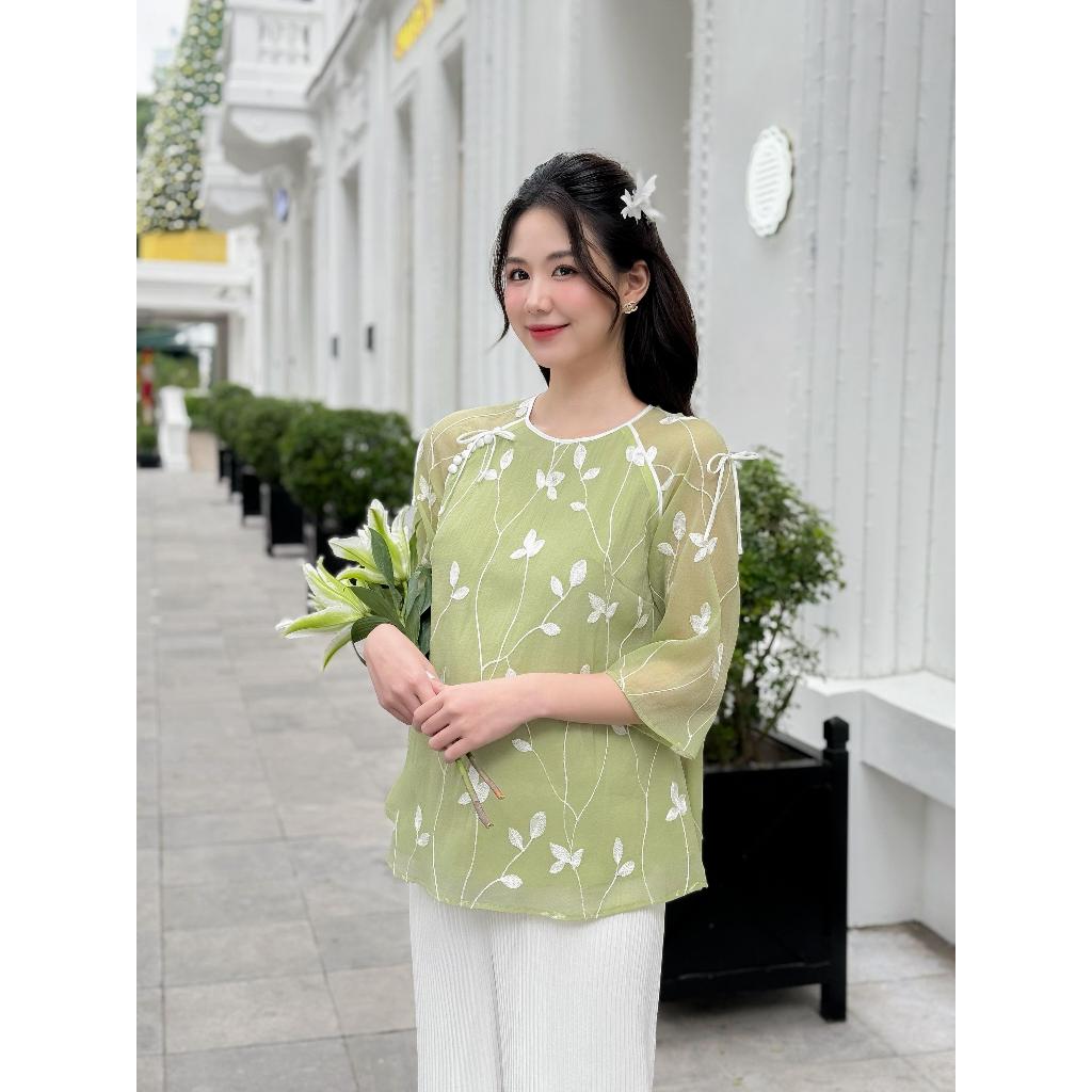 MEDYLA - Áo bầu cách tân tơ thêu xanh cốm cho bầu đi chơi du lịch - ADL1588