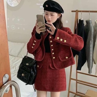 Set dạ tweed nữ đỏ cúc tay hàng loại 1