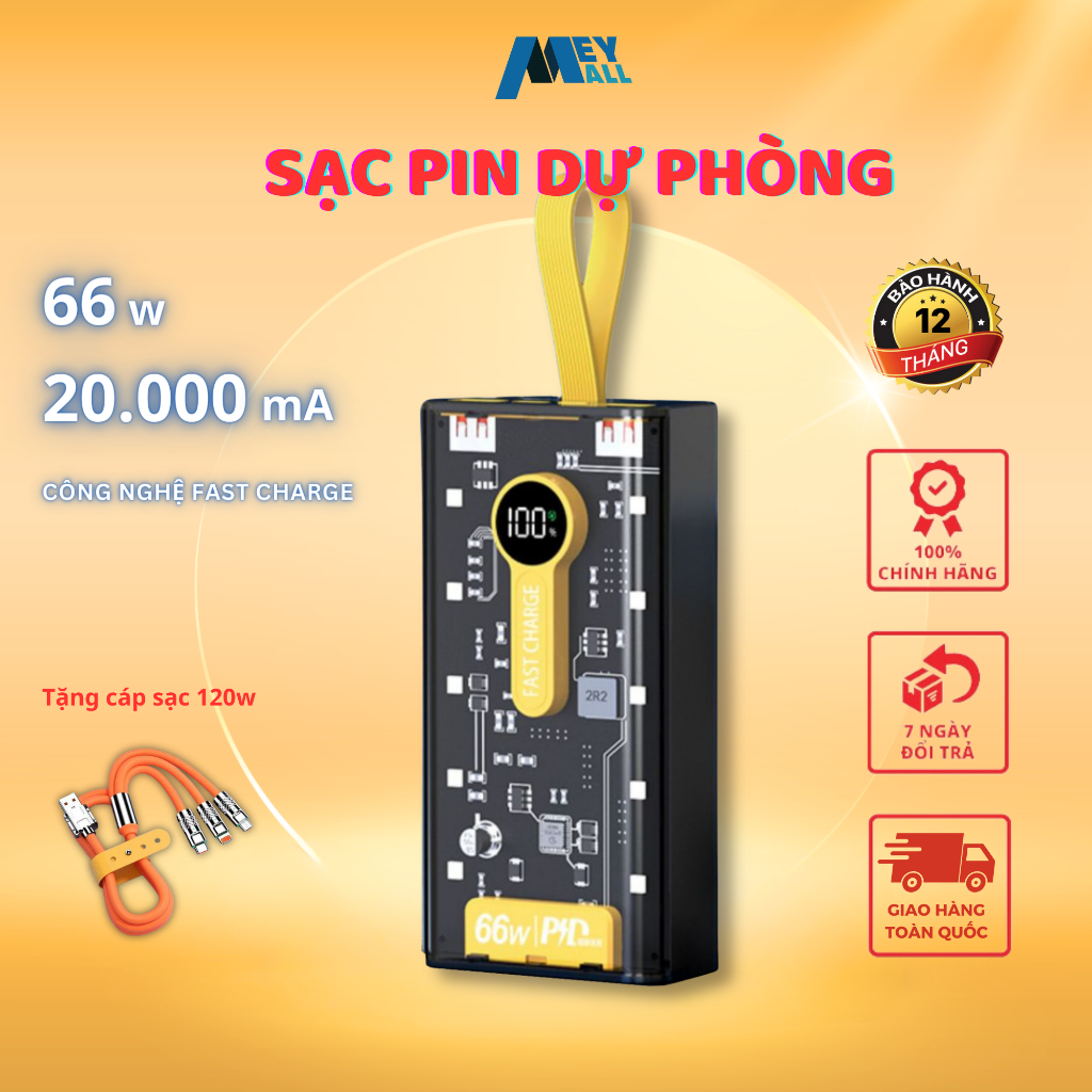 Sạc dự phòng trong suốt 66W - 20000mA, sạc pin siêu nhanh, có màn hình hiển thị - Tặng cáp sạc 3 cổng - MeyMall