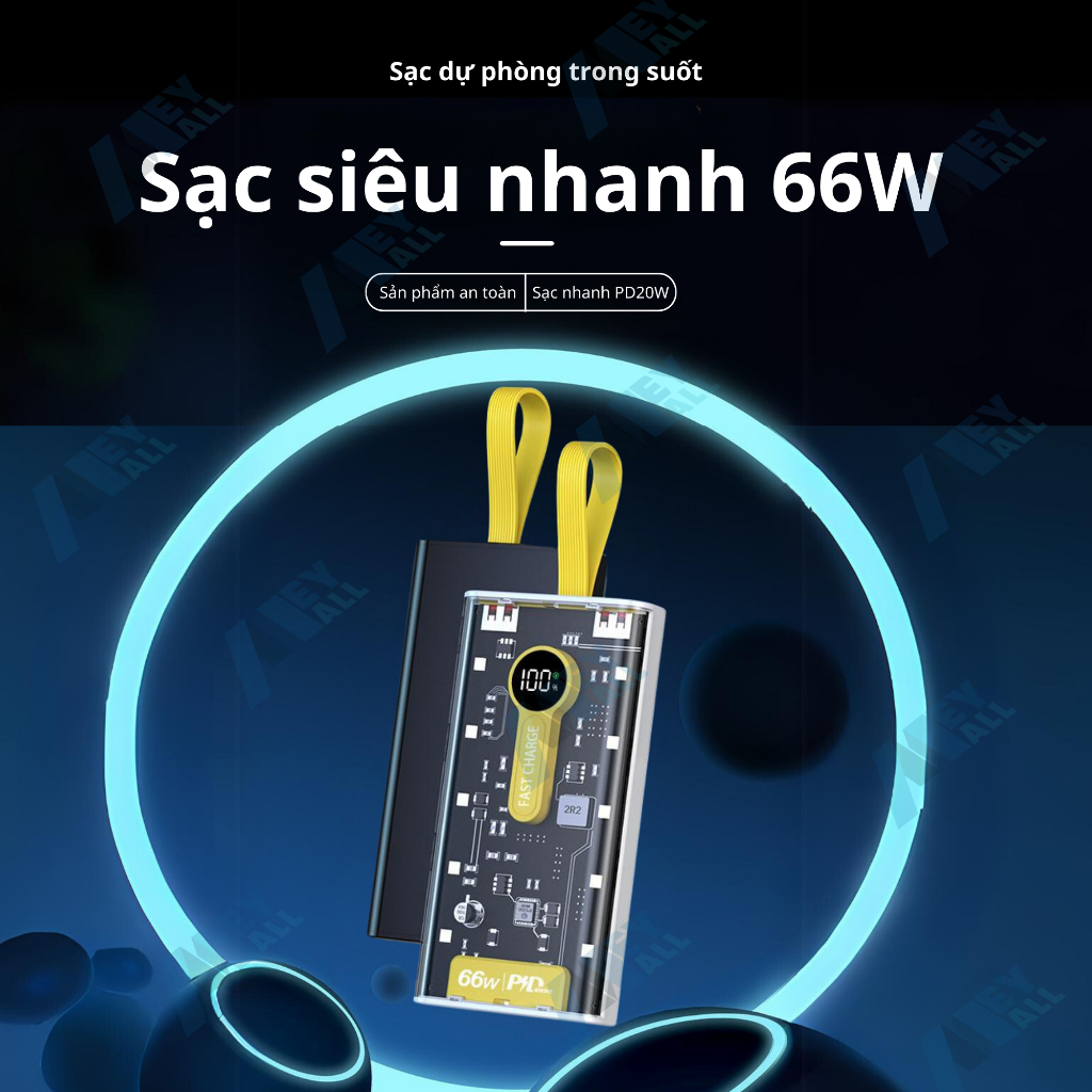 Sạc dự phòng trong suốt 66W - 20000mA, sạc pin siêu nhanh, có màn hình hiển thị - Tặng cáp sạc 3 cổng - MeyMall