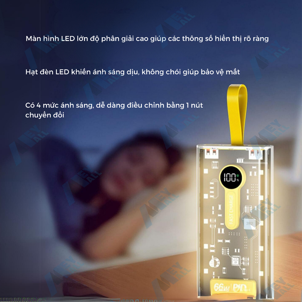 Sạc dự phòng trong suốt 66W - 20000mA, sạc pin siêu nhanh, có màn hình hiển thị - Tặng cáp sạc 3 cổng - MeyMall
