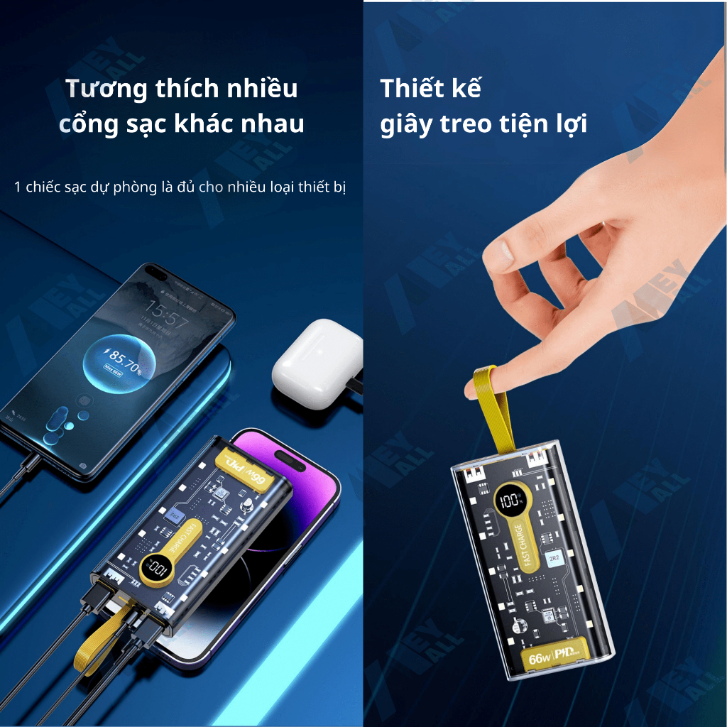 Sạc dự phòng trong suốt 66W - 20000mA, sạc pin siêu nhanh, có màn hình hiển thị - Tặng cáp sạc 3 cổng - MeyMall