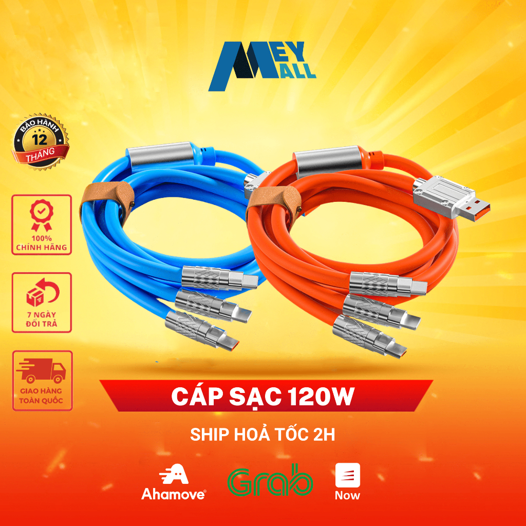 Cáp sạc 3 trong 1 120W 6A, cáp sạc nhanh 3 cổng đầy đủ cổng tiện ích, cáp silicone đầu hợp kim kẽm cực bền - MeyMall