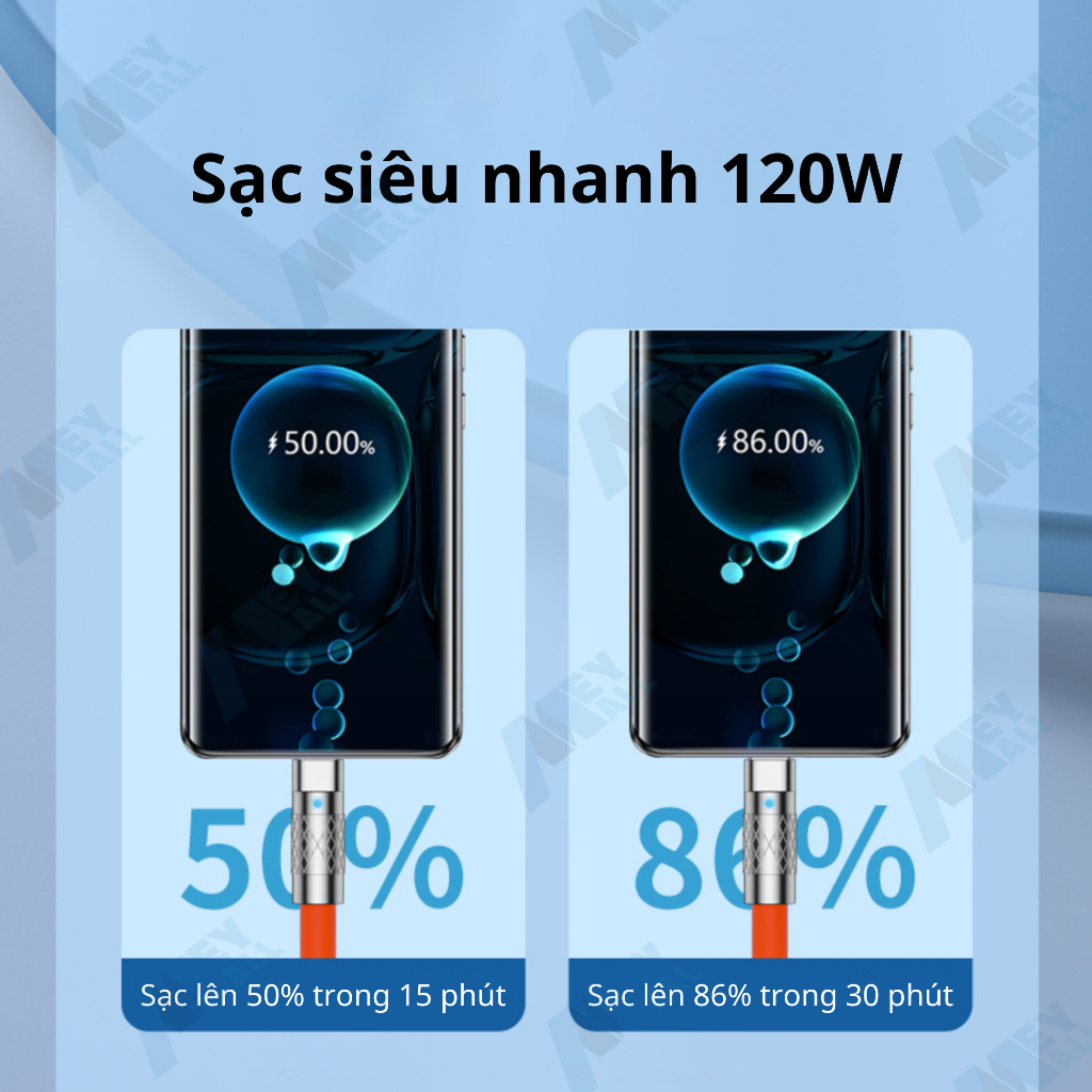 Cáp sạc 3 trong 1 120W 6A, cáp sạc nhanh 3 cổng đầy đủ cổng tiện ích, cáp silicone đầu hợp kim kẽm cực bền - MeyMall