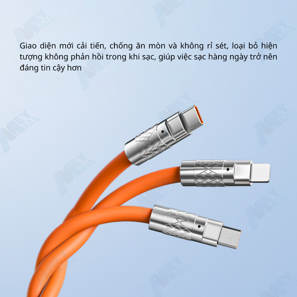 Cáp sạc 3 trong 1 120W 6A, cáp sạc nhanh 3 cổng đầy đủ cổng tiện ích, cáp silicone đầu hợp kim kẽm cực bền - MeyMall