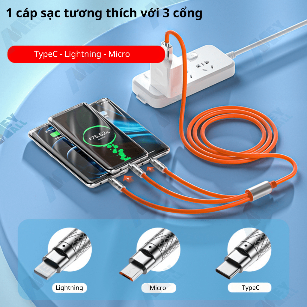 Cáp sạc 3 trong 1 120W 6A, cáp sạc nhanh 3 cổng đầy đủ cổng tiện ích, cáp silicone đầu hợp kim kẽm cực bền - MeyMall