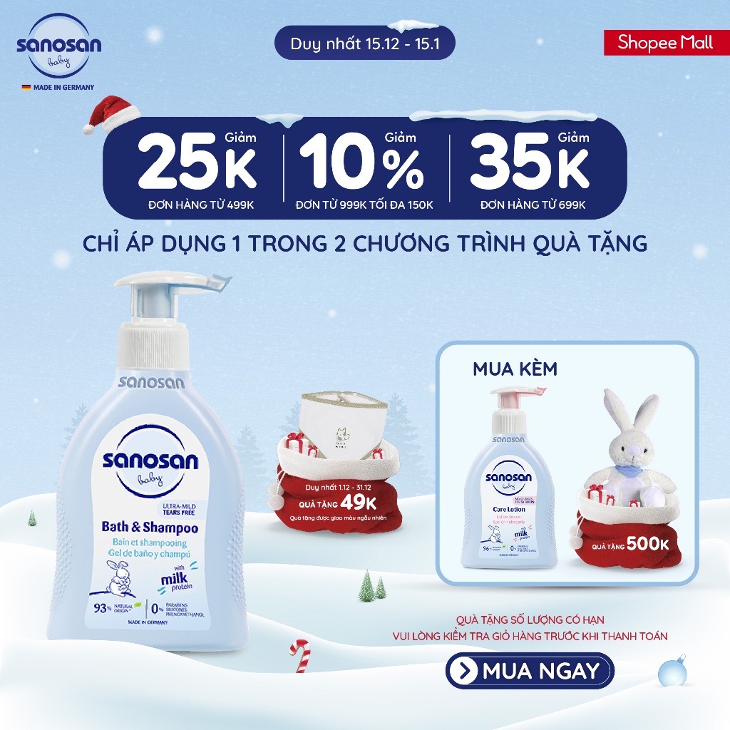 (THÁNG 12 - TẶNG 1 YẾM LA POMME) Sữa tắm gội Sanosan baby Bath anh Shampoo cho da khô và nhạy cảm 200ML