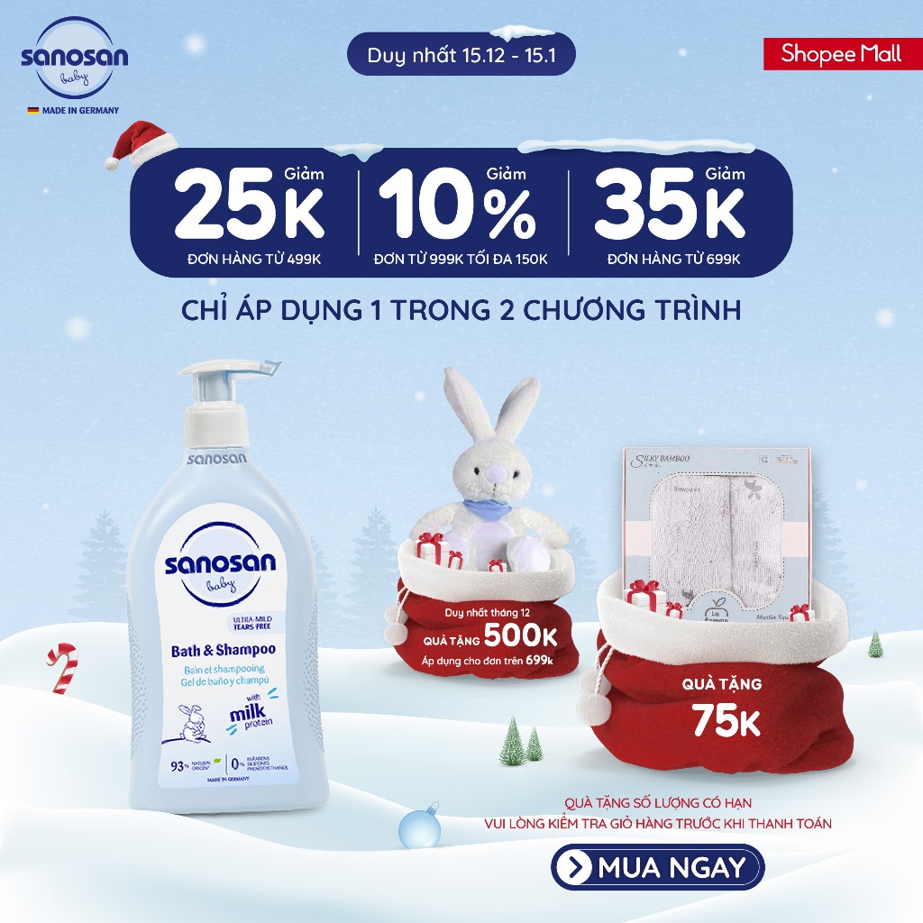 (15/12-15/1 - TẶNG SET 2 KHĂN SỢI TRE LA POMME) Sữa tắm gội Sanosan baby Bath and Shampoo cho da khô và nhạy cảm 500ml