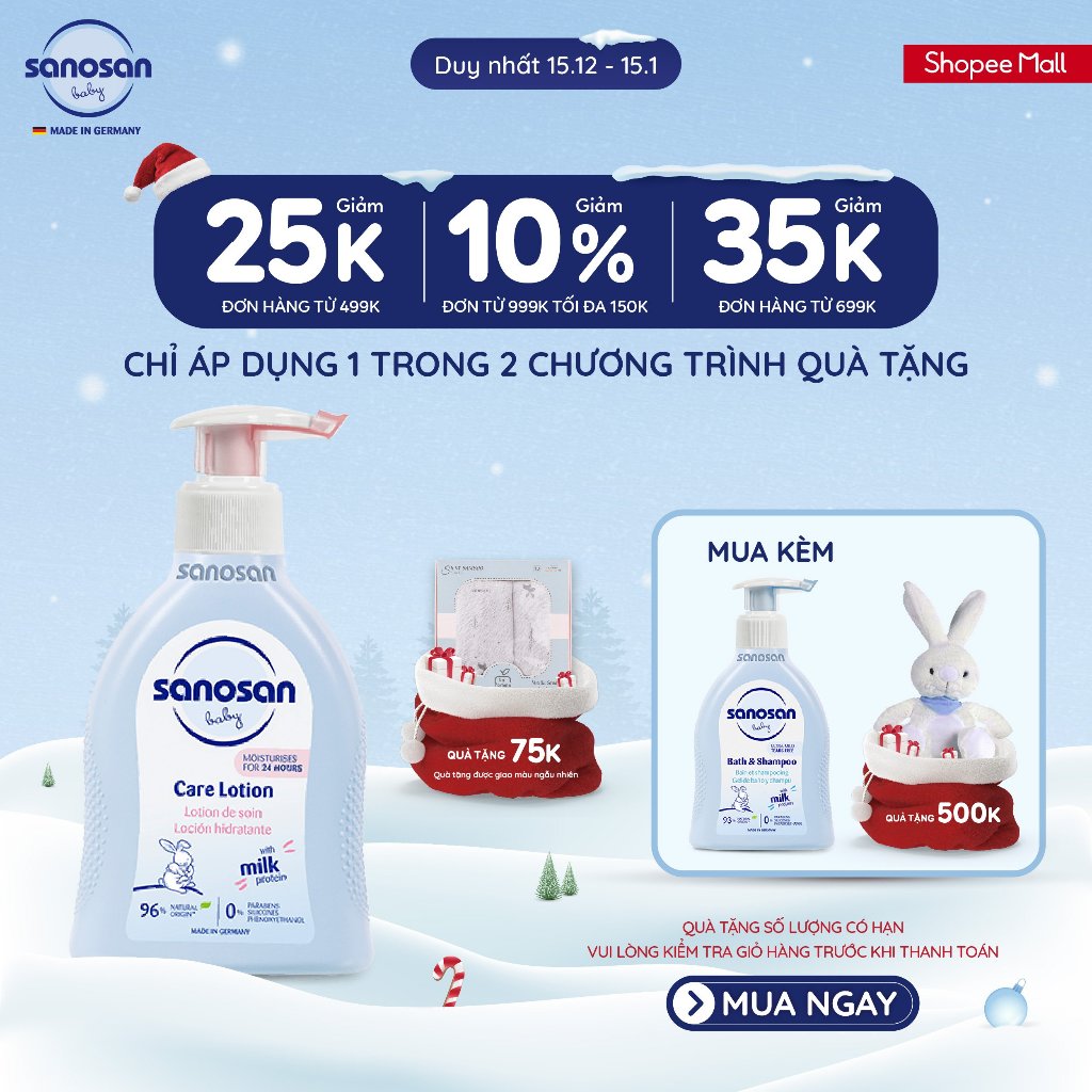(15/12-15/01 - TẶNG SET 2 KHĂN SỢI TRE LA POMME) Sữa dưỡng ẩm Sanosan Baby Care Lotion cho da khô và nhạy cảm 200ml