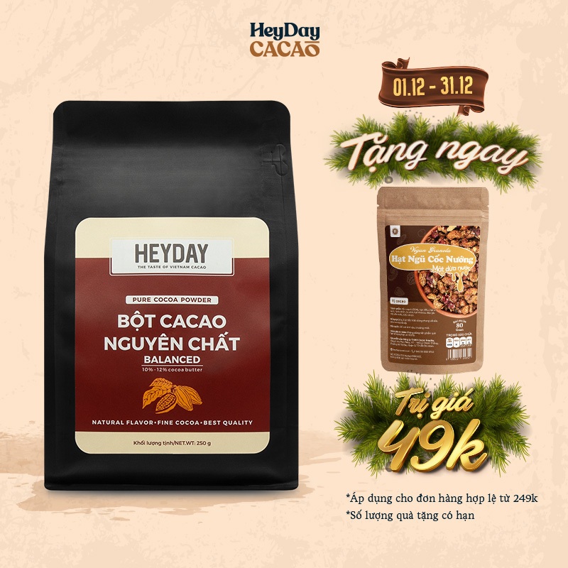 Túi 250g Bột cacao nguyên chất 100% Heyday - Dòng Balanced phổ thông - Chuẩn UTZ Quốc Tế