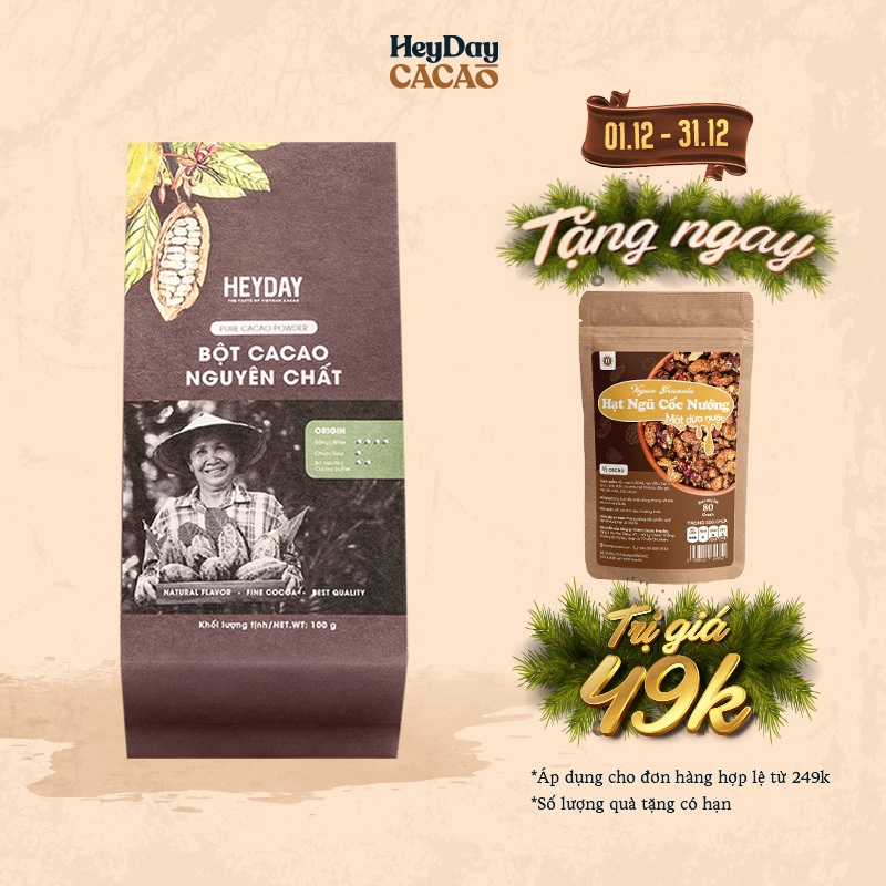 Bột cacao nguyên chất 100% không đường Heyday - Dòng Origin thượng hạng 100g - Chuẩn UTZ Quốc Tế