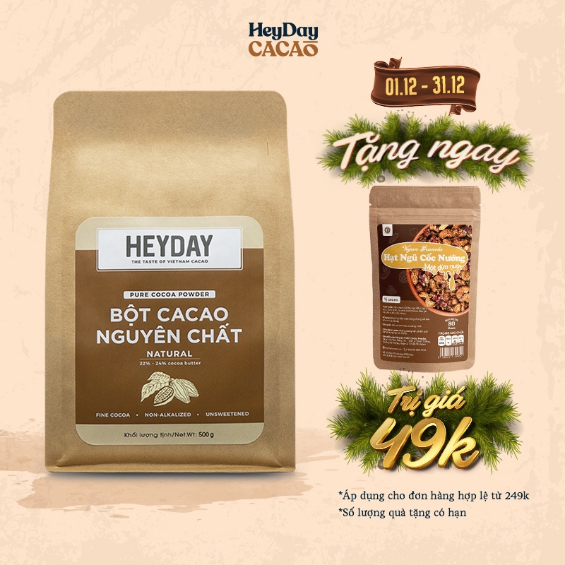 Túi 500g Bột Cacao Nguyên Chất 100%, Dòng Natural Không Kiềm Hóa - Heyday Cacao