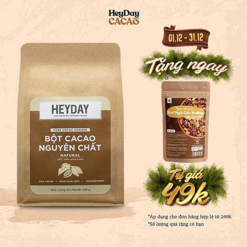 Bột cacao nguyên chất 100% Heyday - Dòng Natural thuần tự nhiên, không kiềm hoá - Túi giấy 225g - Chuẩn UTZ Quốc Tế