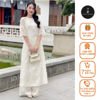 Áo dài trắng bốn tà tơ thêu hoạ tiết cúc vạn thọ cổ tròn trẻ trung lót lụa tay lỡ xoè rộng quần áo dài chất lụa mềm mát