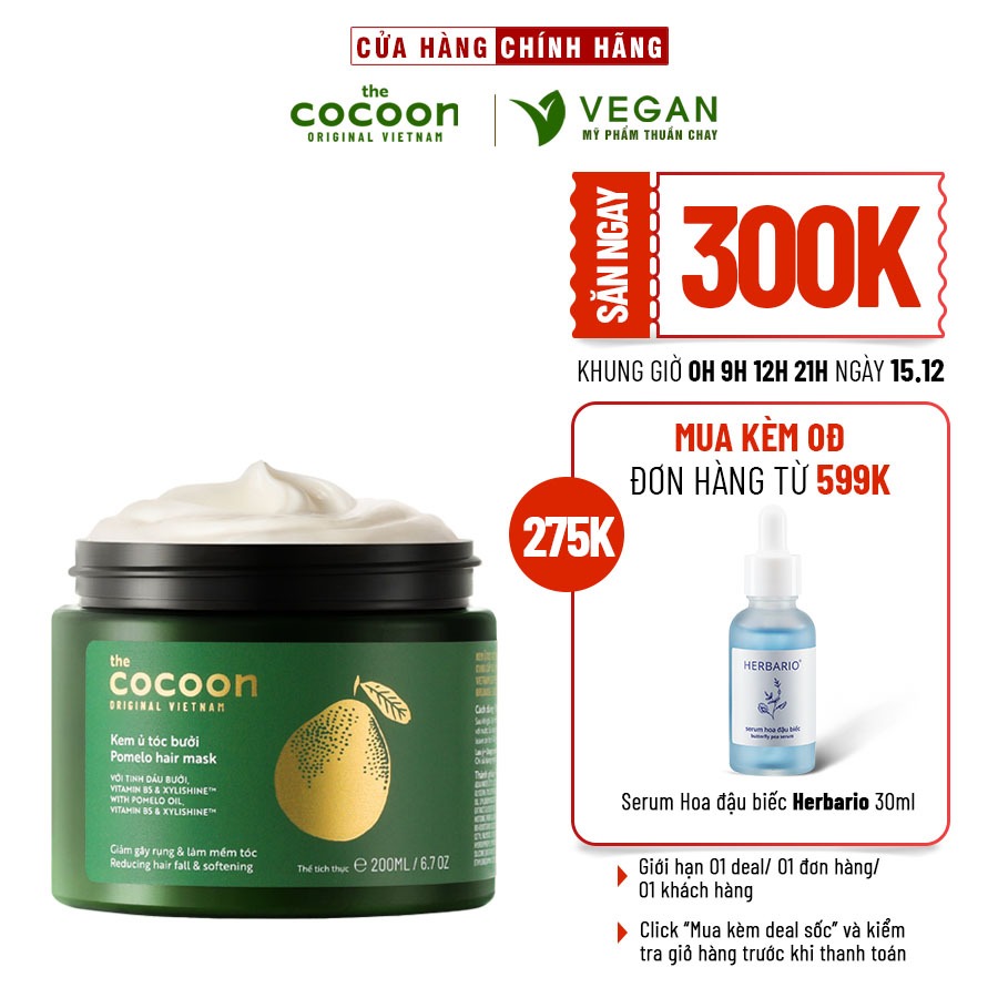 Kem ủ tóc bưởi pomelo Cocoon giảm gãy rụng và làm mềm tóc 200ml thuần chay TẶNG 1 dây buộc tóc