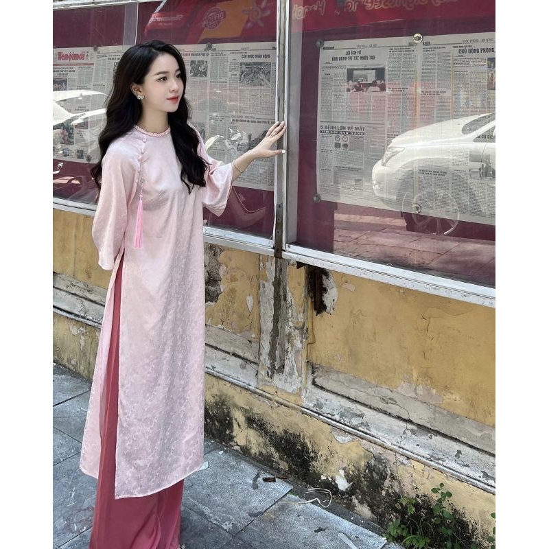 SET ÁO DÀI GẤM HOA TRƠN TAY LỠ + QUẦN SUÔNG HỒNG