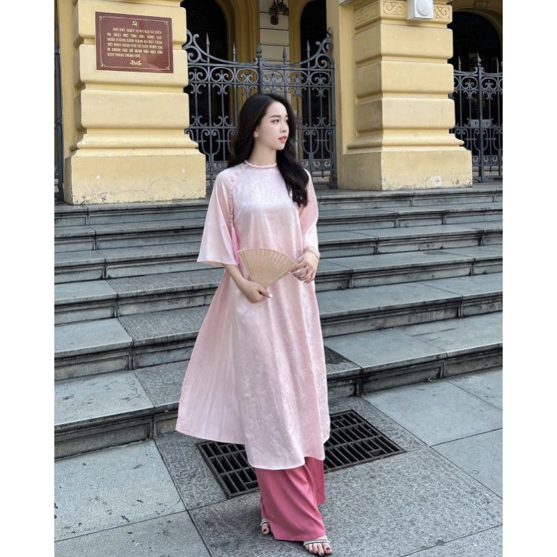 SET ÁO DÀI GẤM HOA TRƠN TAY LỠ + QUẦN SUÔNG HỒNG