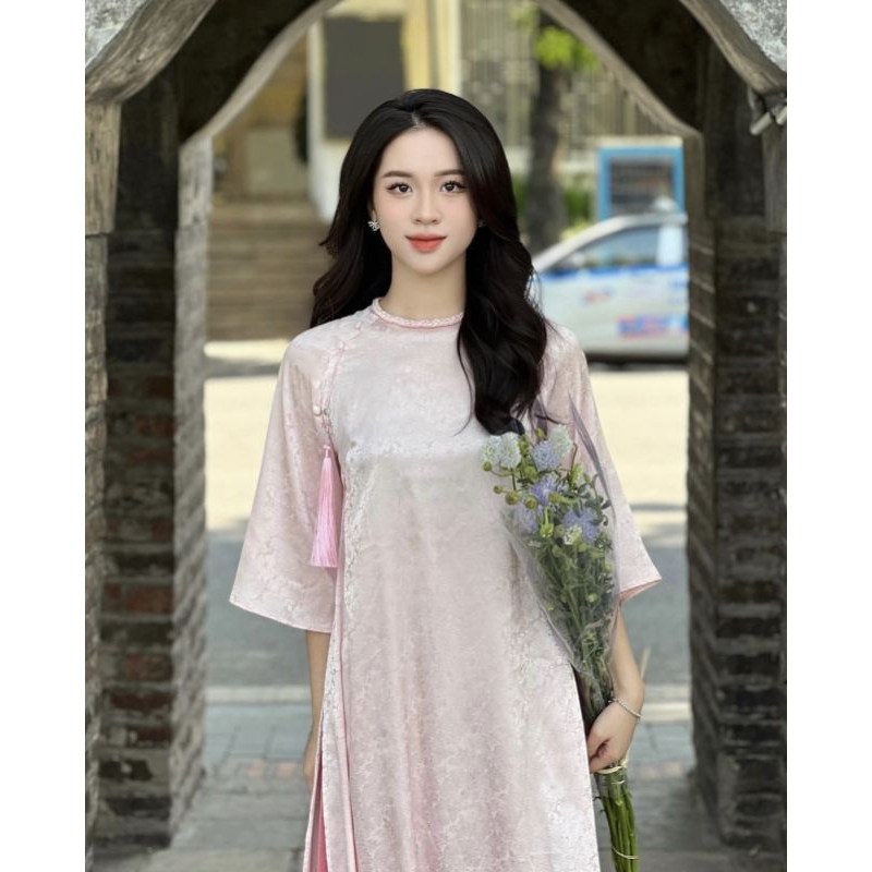 SET ÁO DÀI GẤM HOA TRƠN TAY LỠ + QUẦN SUÔNG HỒNG